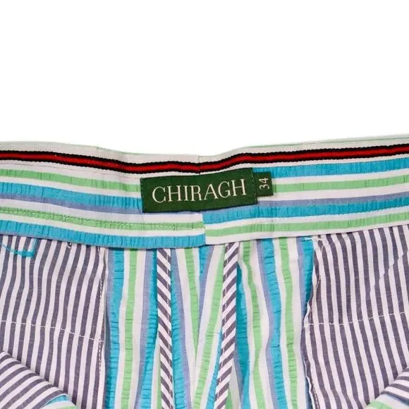 Mens 34 Chino Pants Blue Green Seersucker Stripe Flat Front Straight Trousers